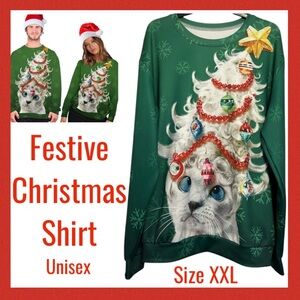 Christmas Sweater Sweatshirt Holiday Cat Pets White Red Green Size XX Large